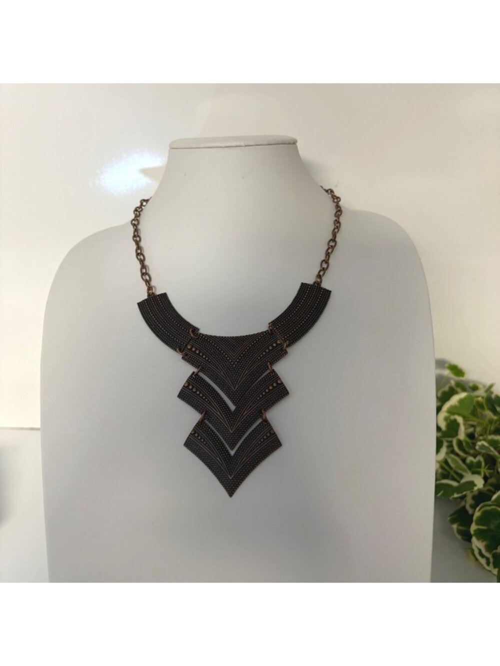 Bronze Chevron Geometric Hinged Bib Necklace Art Deco Statement Jewelry